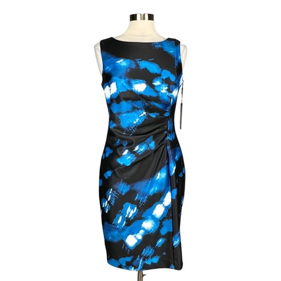 Karl Lagerfeld Paris Womans Sleeveless Sheath Dress Blue Black Ruched size 10 - Picture 1 of 13